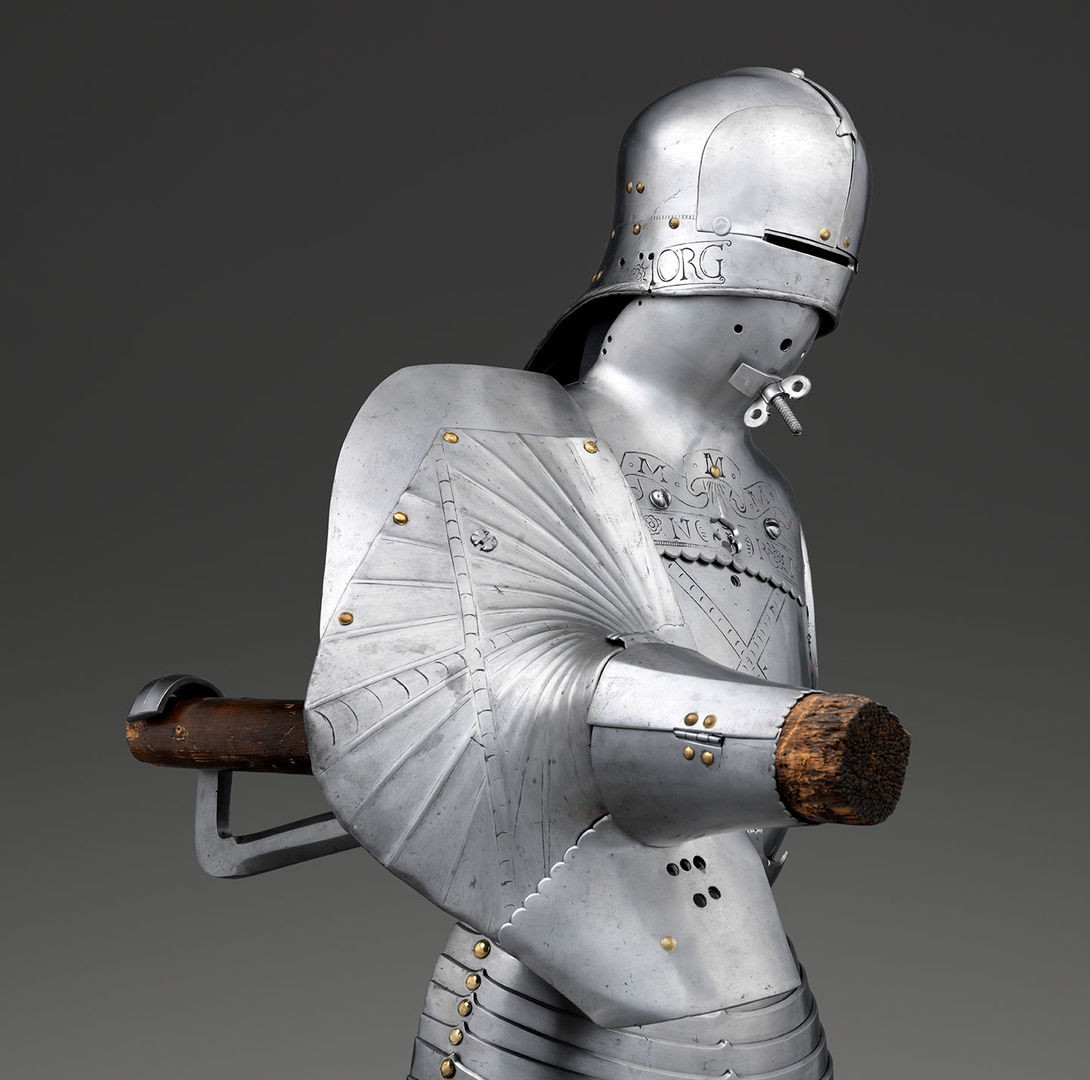 Photograph of the Armor for the Joust of War of Maximilian I of Austria made of steel, leather and wooden components